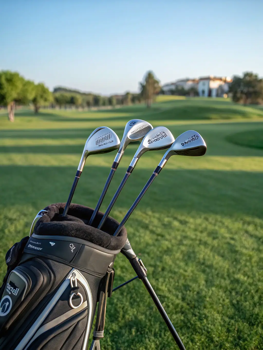 Image of a complete premium golf set including driver, irons, putter, and bag, displayed on a pristine green golf course.